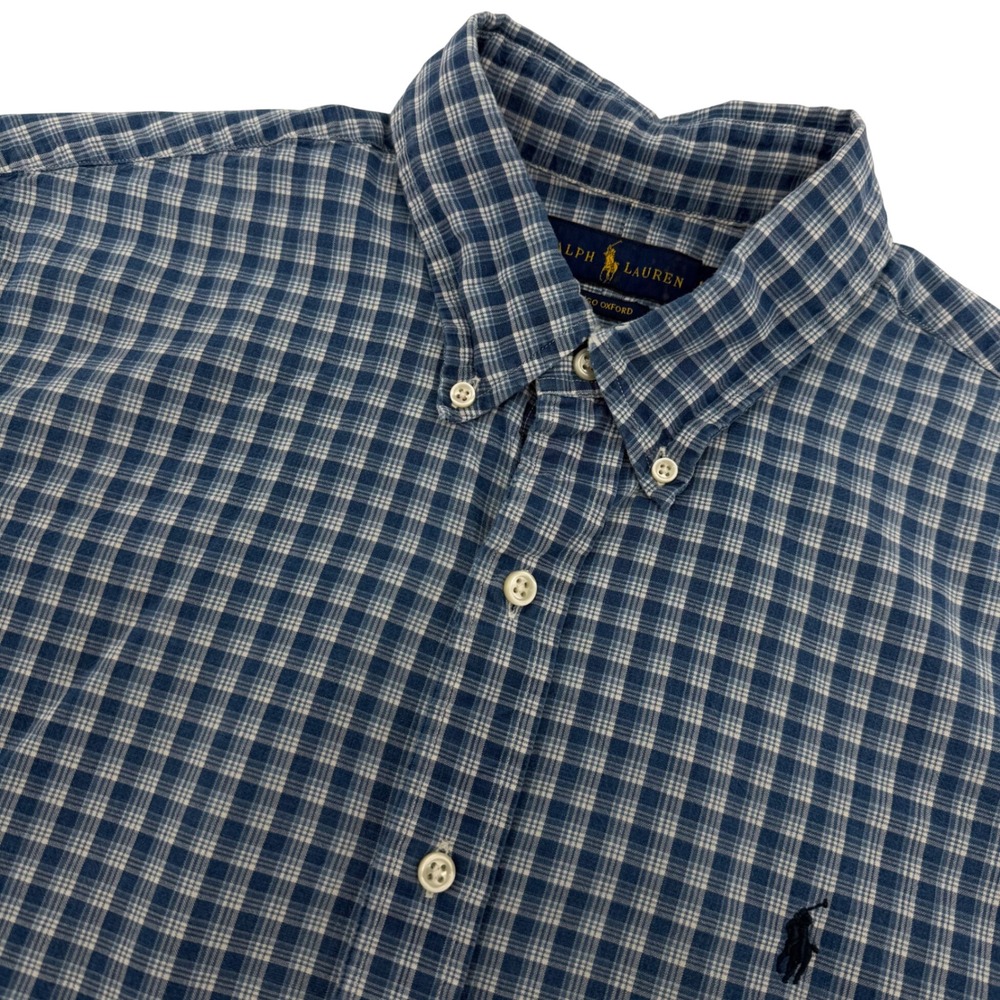 Ralph Lauren Button Down Shirt Mens Large Blue Indigo Oxford Plaid Short Sleeve